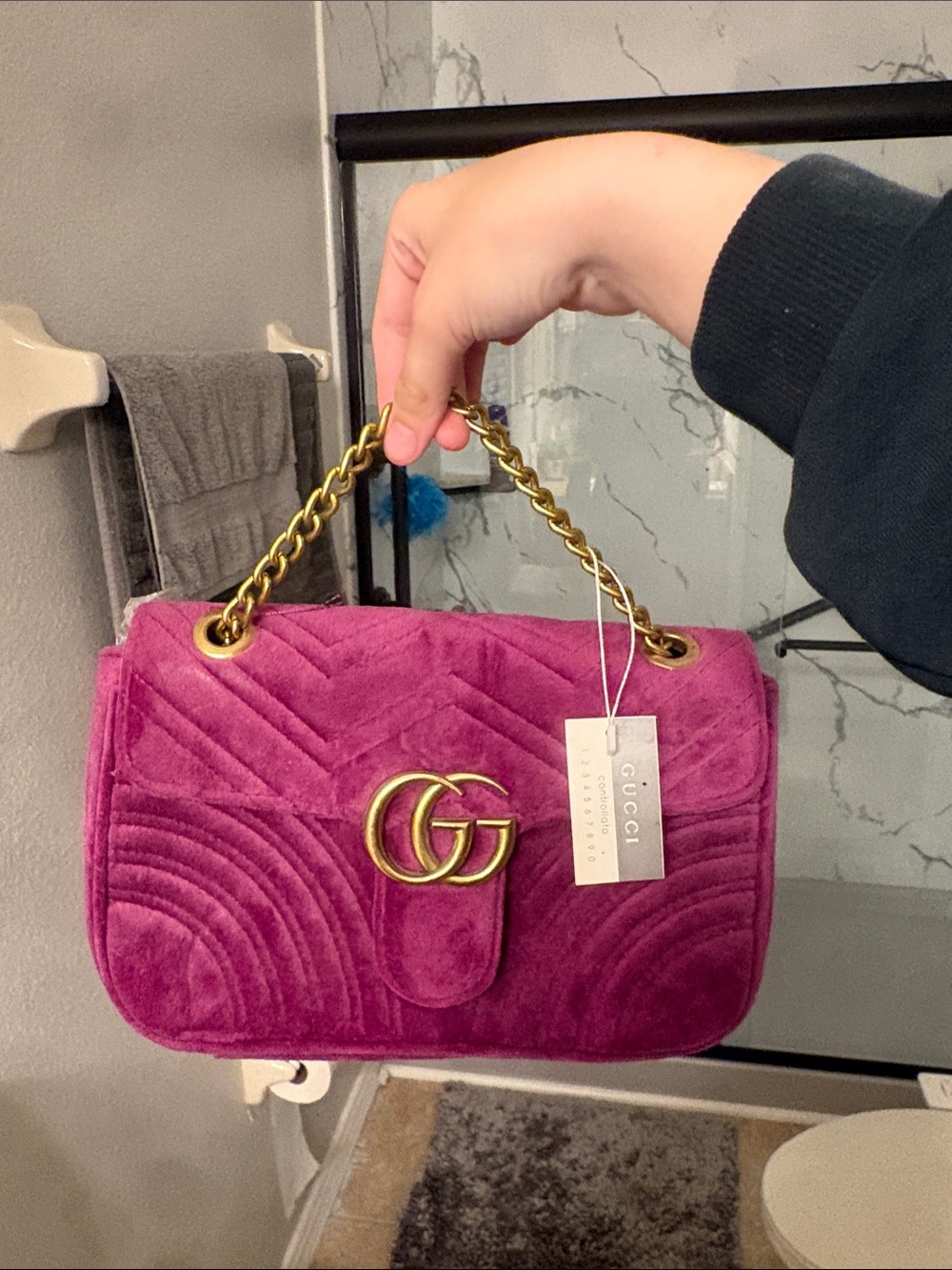 SEND OFFERS Gucci Velvet Shoulder Bag in Deep Fuchsia with Gold Hardware
